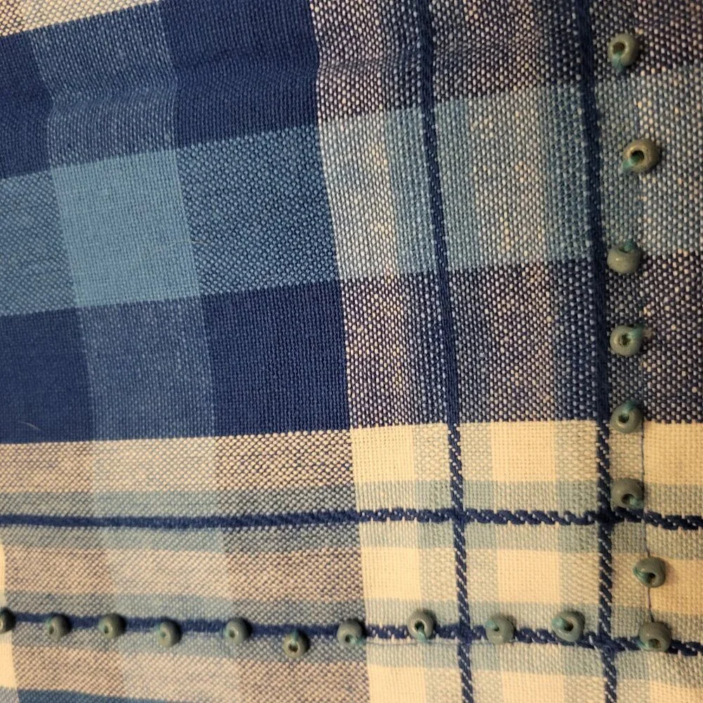 SUR LA TABLE Set of 4 Cotton Bead Trim Blue & White Plaid Placemats 20x20 India